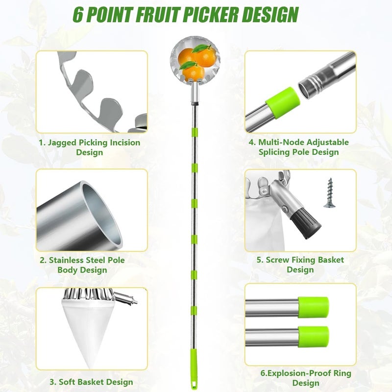 Nexstron Fruit Picker and Gardening Harvest Storage Apron Set - 2.8m/9.2ft Fruit Picker Tool with Telescopic Handle, Stainless Steel Connecting Pole and Drawstring Storage Bag, Picker for Apple Lemon Cherry - Image 5